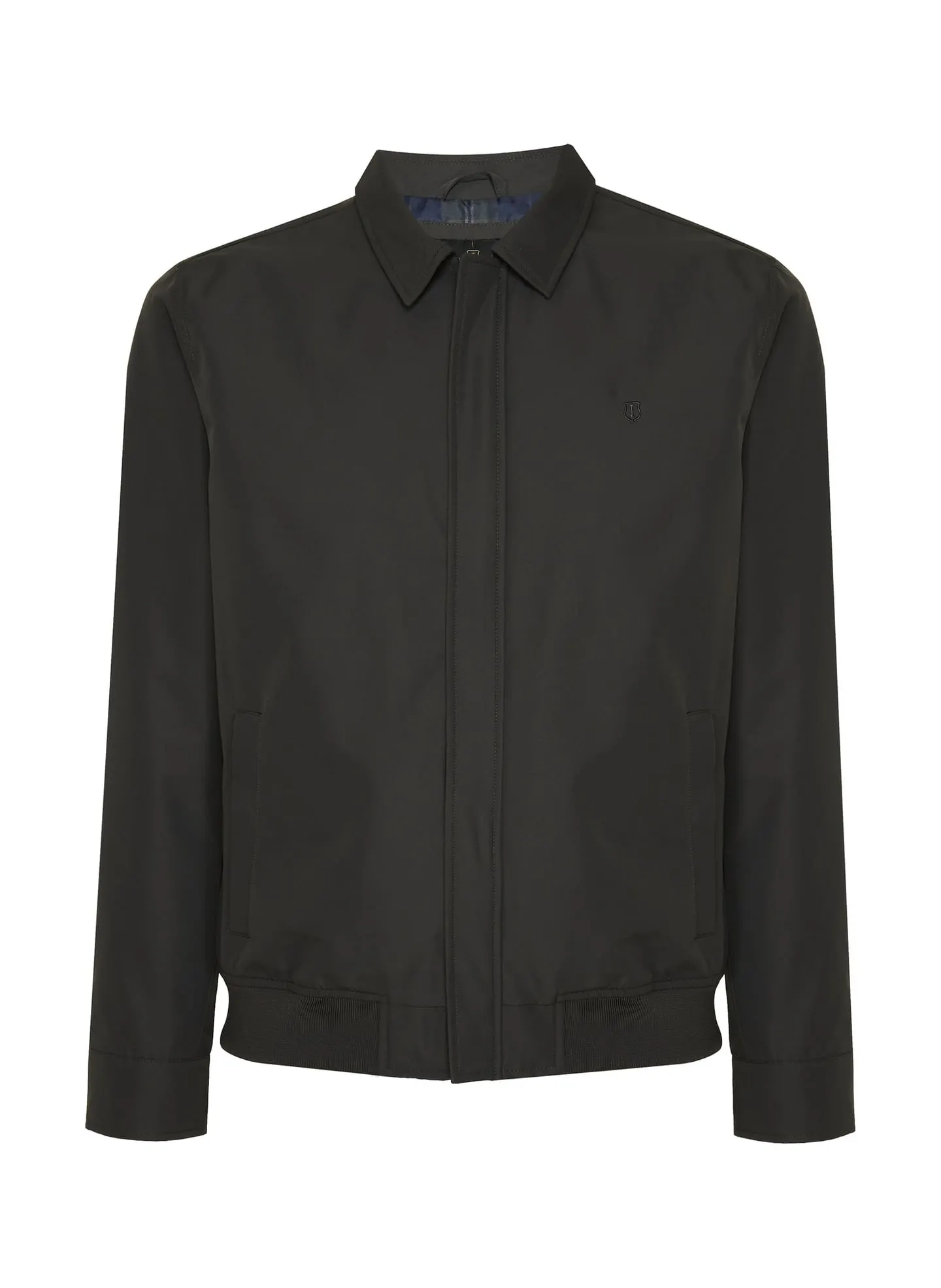 Jaqueta masculina verde-escura com gola, vista de frente
